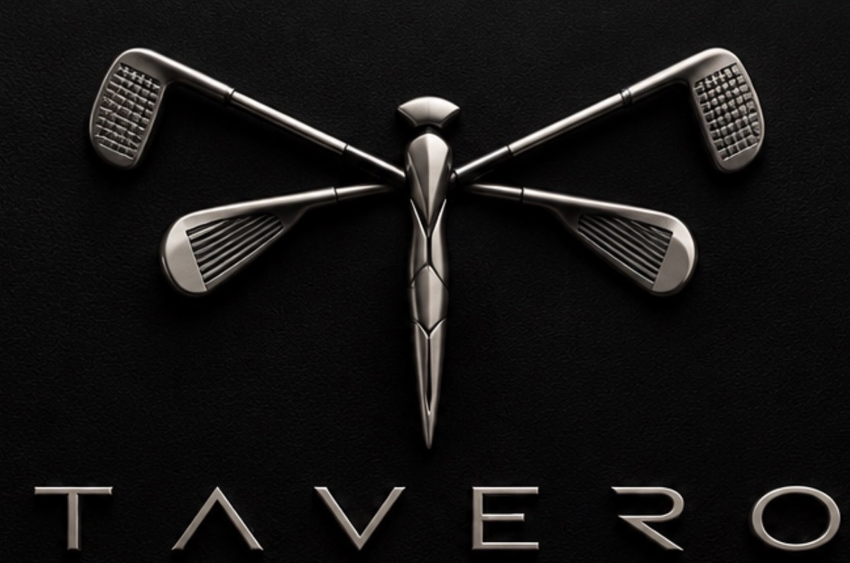 Original TAVERO metallic dragonfly golf-club emblem and custom wordmark